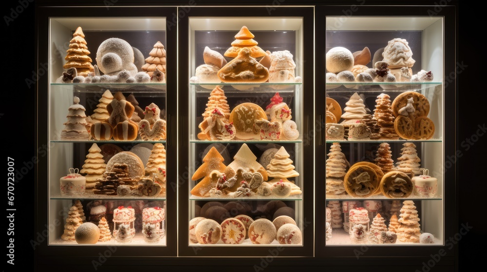 Poster a display case filled with lots of different types of cookies and pretzels in different shapes and s
