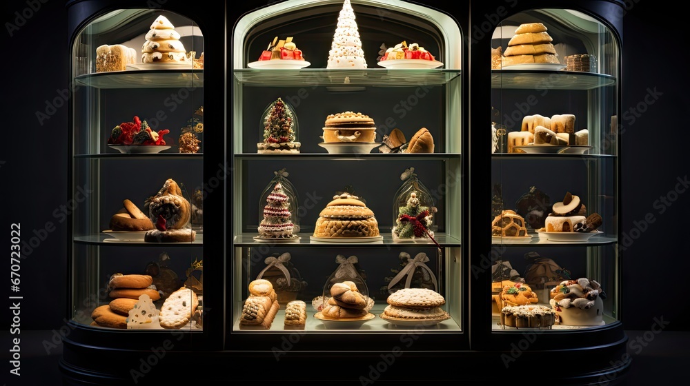 Poster a display case filled with lots of different types of cakes and pastries in a dark room with a chris