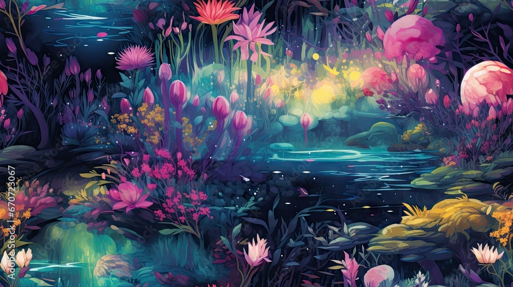 Poster a painting of a forest filled with lots of different colored plants and flowers on a dark blue backg