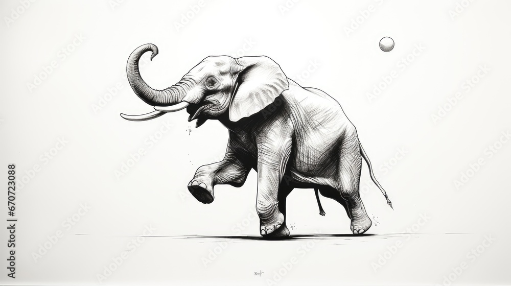 Poster a black and white drawing of an elephant with its trunk in the air and a ball in the air in front of