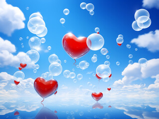 balloons of red color in the shape of a heart, on the background of the sky clouds valentine's day background