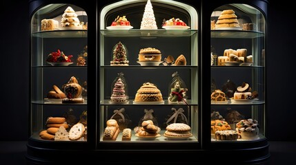  a display case filled with lots of different types of cakes and pastries in a dark room with a christmas tree on top of it.  generative ai