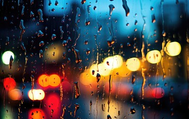 Raindrops on a glass, in the style of street scenes with vibrant colors
