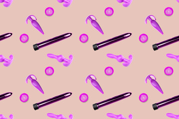 Many sex toys on beige background. Pattern for design