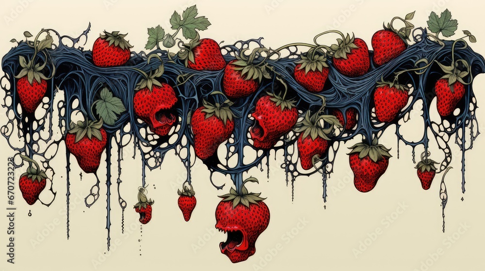 Poster a drawing of a bunch of strawberries hanging from a line with vines and leaves coming out of the top