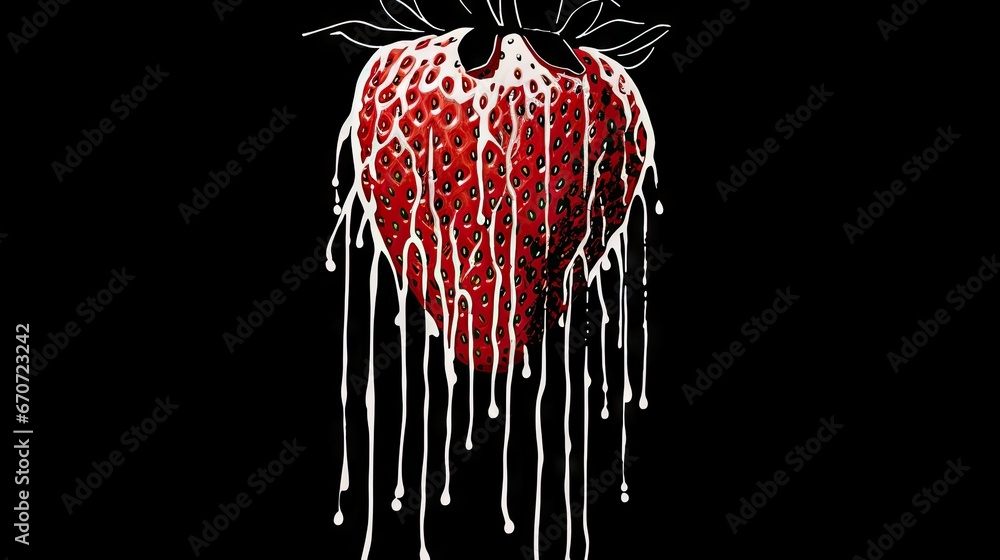 Poster a drawing of a strawberry with white drips on it's face and a black background with a red strawberry