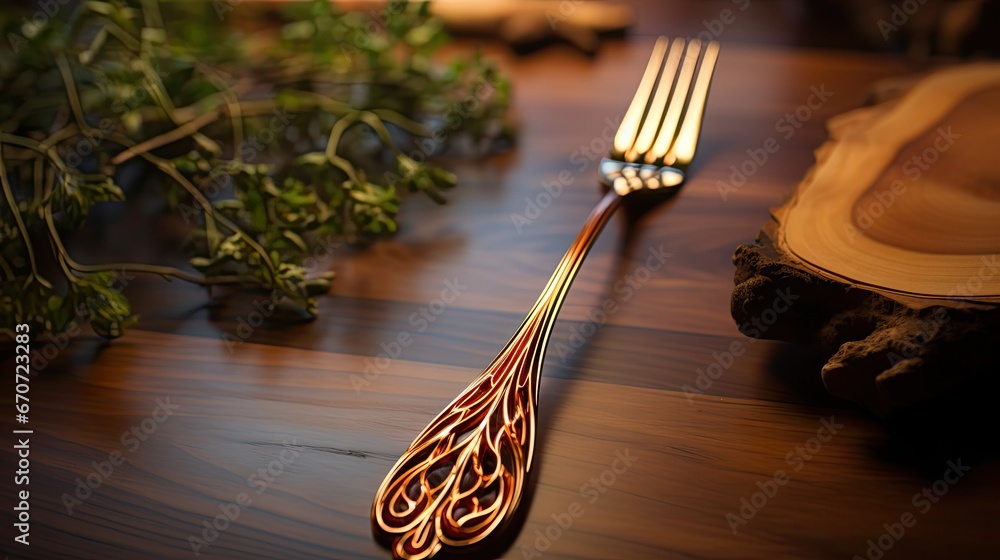 Poster a fork sitting on top of a wooden table next to a plate with a knife and fork stuck in it. generativ