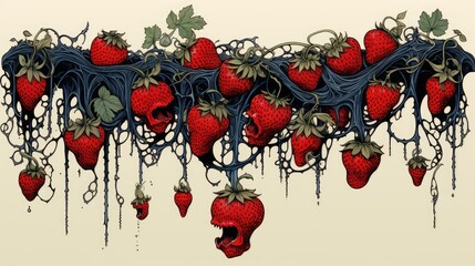  a drawing of a bunch of strawberries hanging from a line with vines and leaves coming out of the top of them.  generative ai