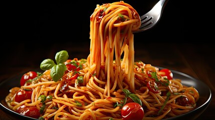  a fork full of spaghetti with tomatoes and basil on a plate with a fork stuck in the top of it.  generative ai