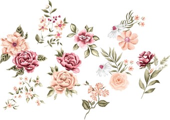 Watercolor Bouquet of flowers, isolated, white background, pastel colors of roses and leaves