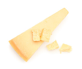 Pieces of tasty Parmesan cheese on white background