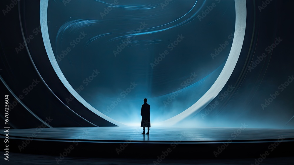 Poster a person standing on a stage in front of a large circular object with a light at the end of the stag