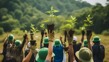 Group of people planting trees and reforesting - obrazy, fototapety, plakaty