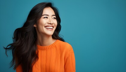 Fototapeta premium Radiant asian woman in orange sweater on blue background