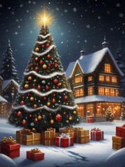 Obraz premium Christmas tree and gifts – Classic Holiday Scene