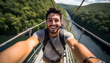 Young latino man, 25, taking a selfie on a suspension bridge - obrazy, fototapety, plakaty