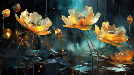 a group of yellow flowers floating on top of a body of water with drops of water on the bottom of them.  generative ai
