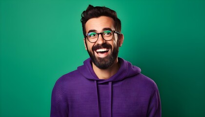 Fototapeta premium Excited man in purple hoodie on green background