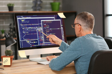 Mature male programmer pointing at computer monitor with programming code in office - obrazy, fototapety, plakaty