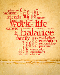 work life balance word cloud on art paper, career and lifestyle concept, vertical poster