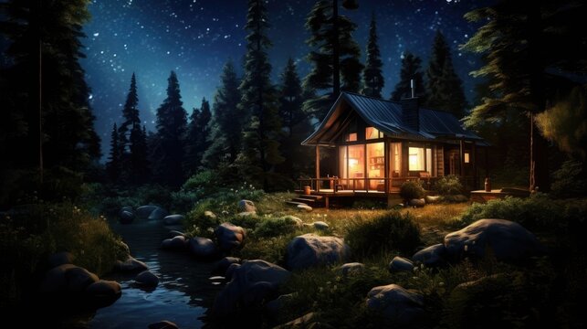  a painting of a cabin in the woods at night with a stream running through the foreground and stars in the sky above.  generative ai