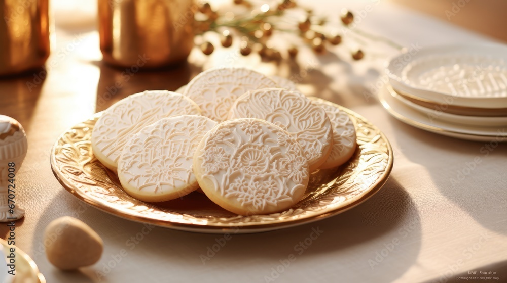Poster a plate of cookies sitting on top of a table next to a vase and two plates with cookies on it. gener