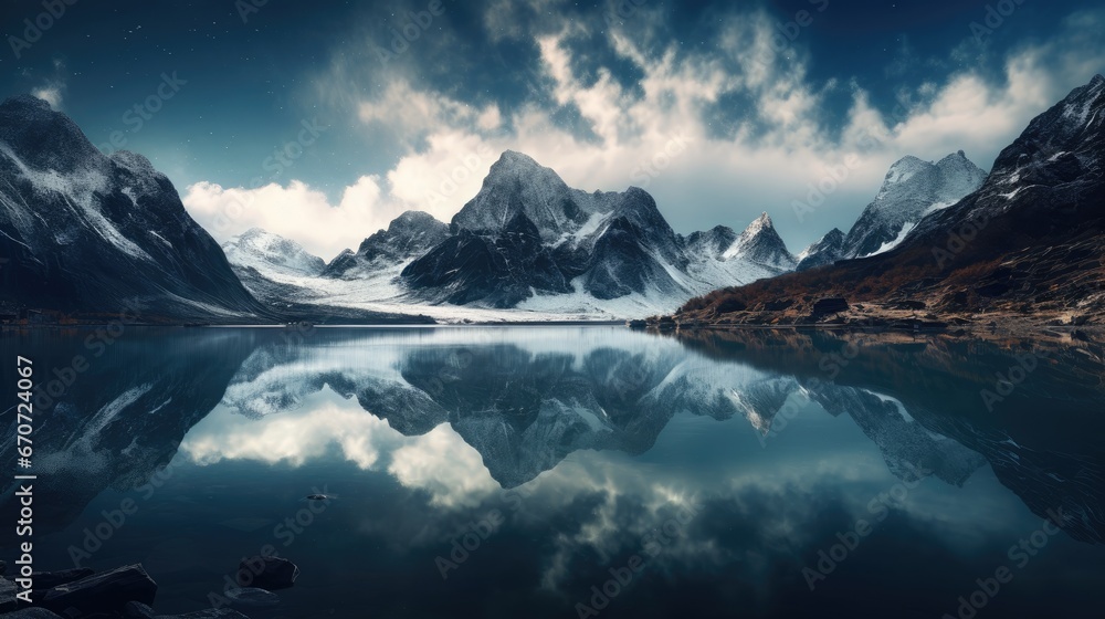 Poster a mountain range is reflected in the still water of a mountain lake under a cloudy sky with stars an