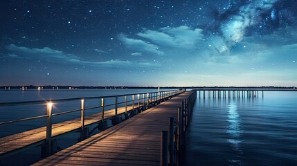 Obraz premium a pier that is next to a body of water under a night sky with stars and the moon in the sky. generative ai