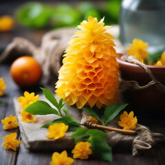 Flor amarilla anaranjada con muchos pétalos en una mesa junto a otras flores una fruta y hojas...