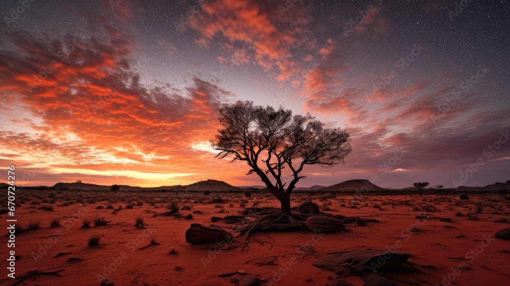 Poster a lone tree in the middle of a desert with a sky filled with stars and clouds in the background at s