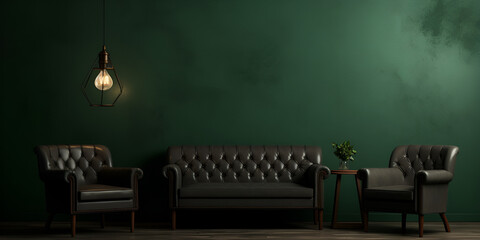 Interior classic living, retro classical style, with loose furniture, brown sofa with a green wall and a picture frame.AI Generative