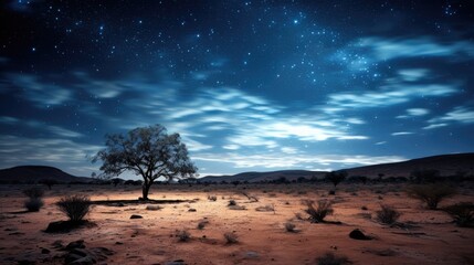  a lone tree sitting in the middle of a desert under a night sky filled with stars and a few clouds.  generative ai