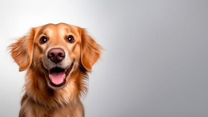 A cute Golden Retriever with a happy playful looka, gainst a neutral grey background with ample copy space