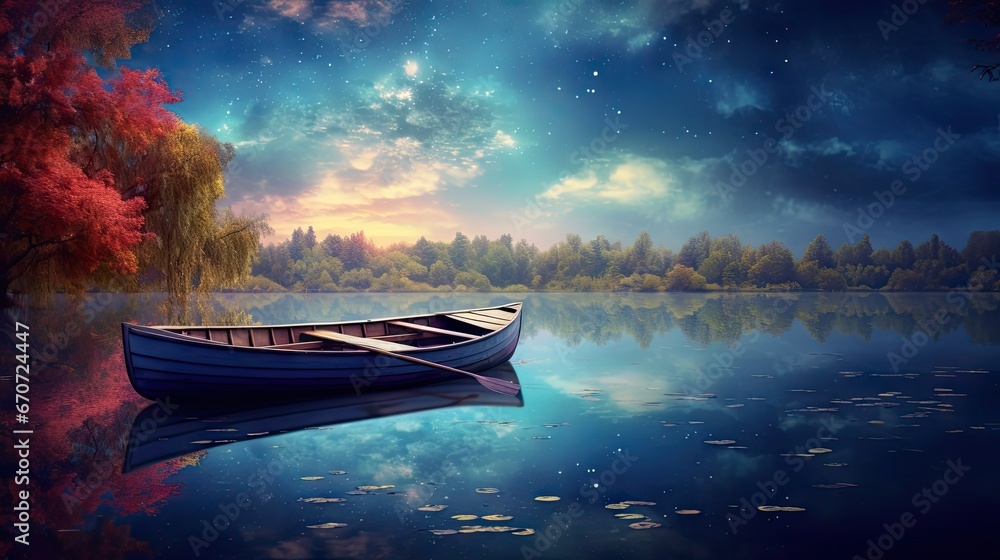 Wall mural a boat floating on top of a body of water under a night sky filled with stars and a full moon. gener