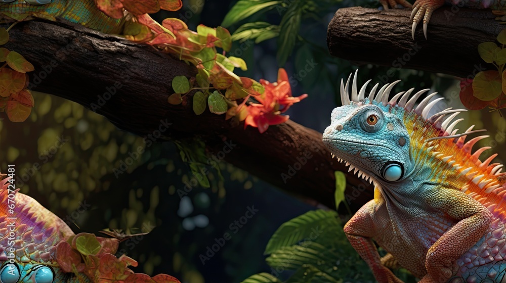 Aufkleber a close up of a lizard on a tree branch near a branch of a tree with leaves and flowers on it. gener