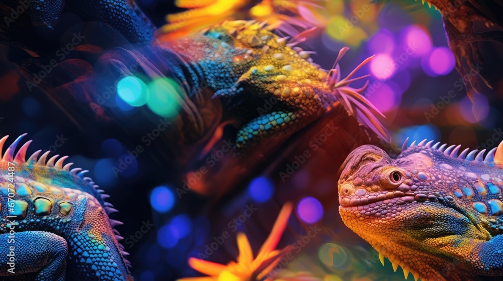 Poster a close up of an iguana in front of a blurry image of a tree and colorful lights. generative ai