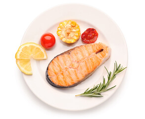 Plate with tasty grilled salmon steak on white background