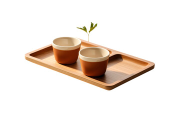 Wood serving tray with unused cups isolated on transparent background, Generative Ai
