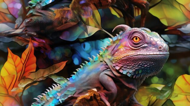  a close up of an iguana on a branch of a tree with leaves in the foreground and a multicolored image of leaves in the background.  generative ai