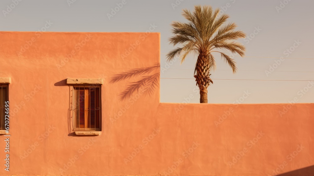 Poster a pink building with two windows and a palm tree in front of a blue sky with a line of power lines i