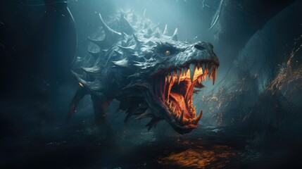 Sea monster open its mouth with teeth, fantasy underwater creature - obrazy, fototapety, plakaty