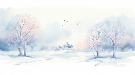  a painting of a snowy landscape with trees and a church in the distance with a bird flying in the sky.  generative ai