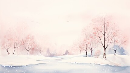 Fototapeta na wymiar a painting of a snowy landscape with trees and a stream in the foreground and a pink sky in the background. generative ai