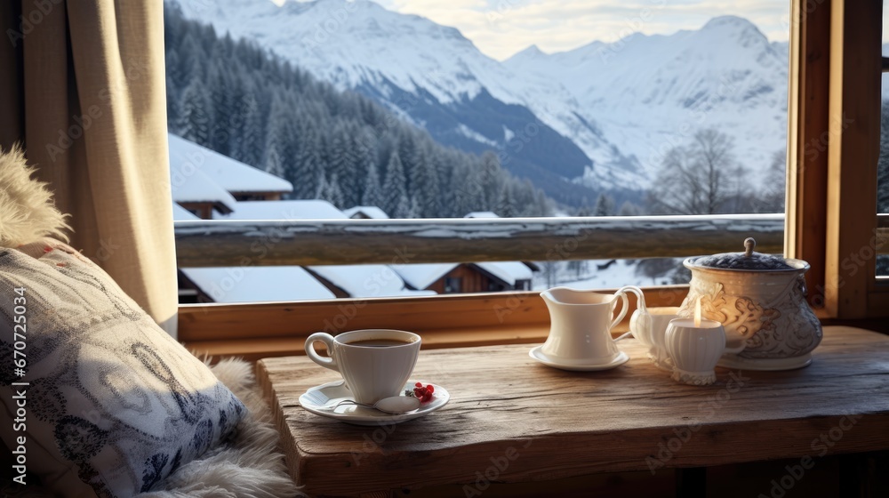 Poster a wooden table topped with a cup of coffee next to a window with a view of a snowy mountain range. g