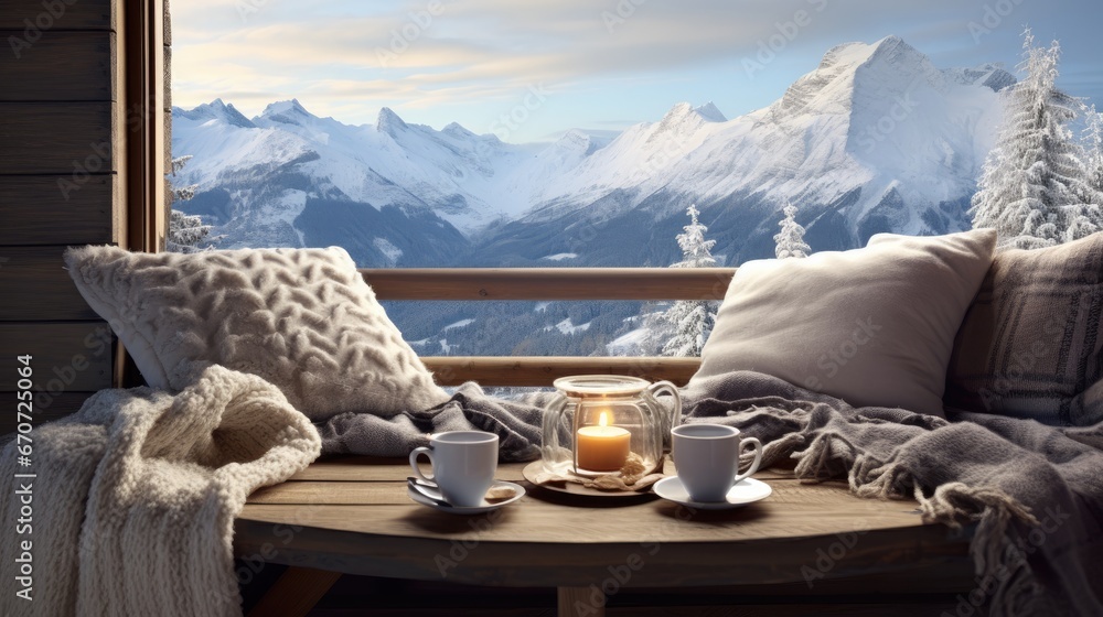 Poster a table with two cups of coffee and a candle on it in front of a window overlooking a snowy mountain