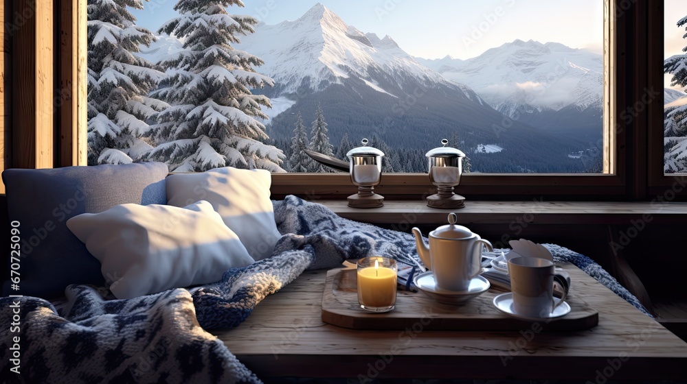 Poster a table with a tray of food and two cups on it in front of a window with a view of a snowy mountain.