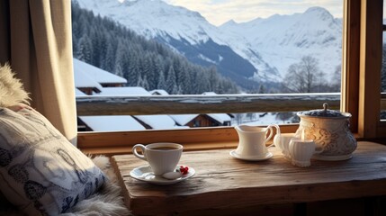  a wooden table topped with a cup of coffee next to a window with a view of a snowy mountain range.  generative ai