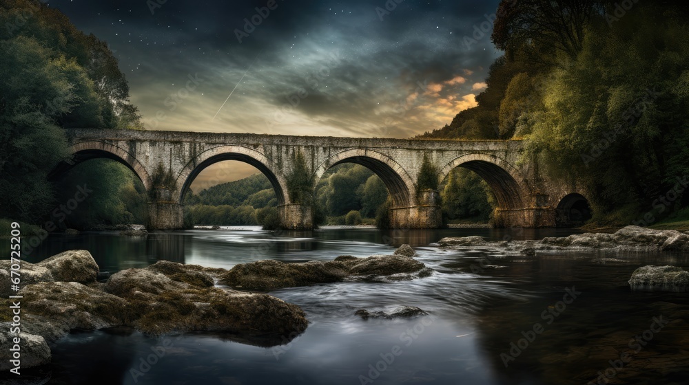Poster a painting of a bridge over a body of water with rocks in the foreground and trees in the background