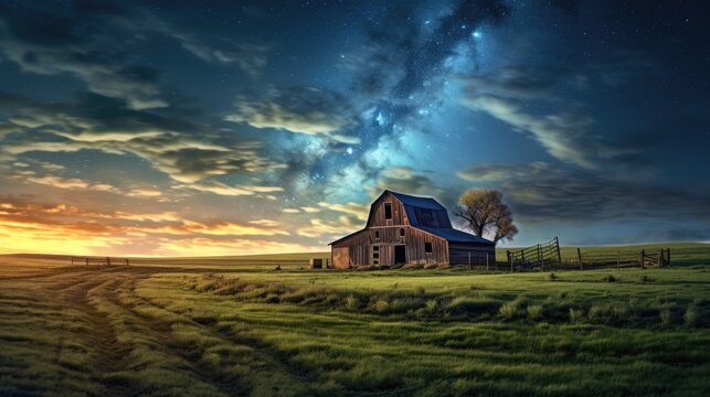  a barn in the middle of a grassy field under a night sky filled with stars and a star filled sky.  generative ai