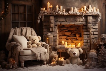 Enchanting vintage room with Christmas tree and teddy bears

